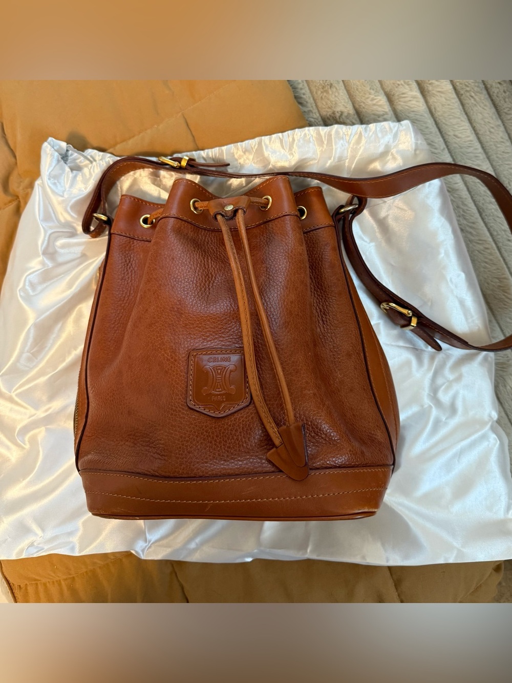Authentic EUC Celine Cognac Pebbled Leather Drawstring Shoulder Bag!